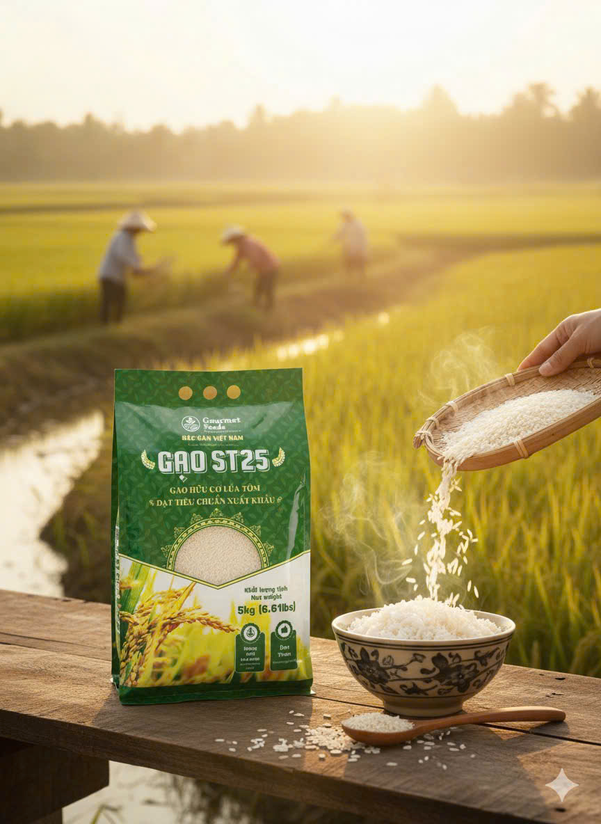 Hạt gạo ST25 được đổ vào bát từ nia tre